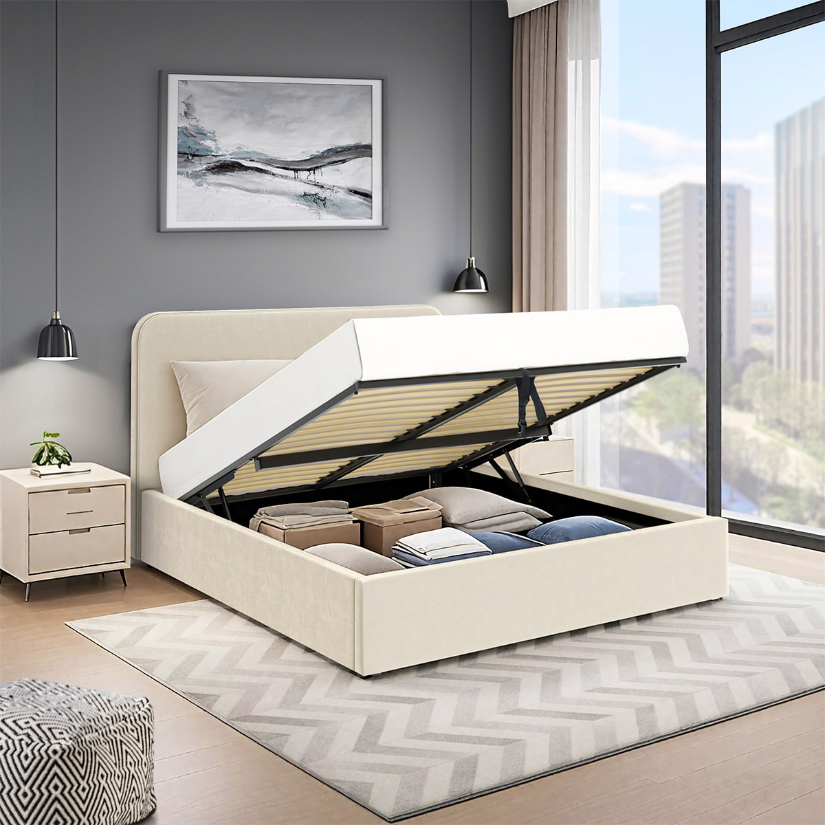 Vue d'ambiance du lit coffre 160x200 cm velours beige ANTON