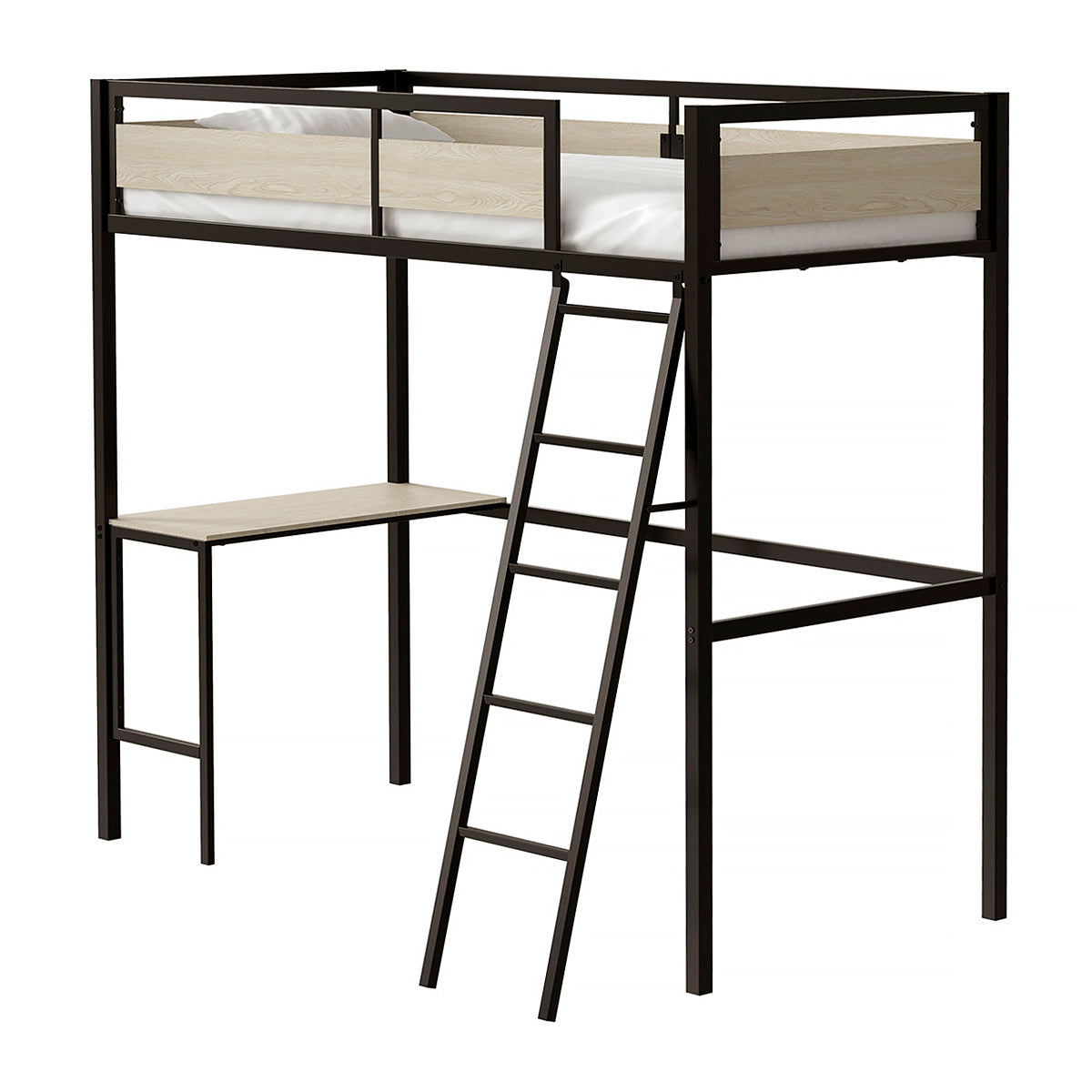 Lit mezzanine DINO 90x190 cm en métal noir avec bureau intégré et finitions chêne clair. Structure robuste et design gain de place. Barrières de sécurité et échelle inclinée pour un accès facile et sécurisé. Parfait pour les petits espaces ou chambres d’ado. Style moderne et fonctionnel.