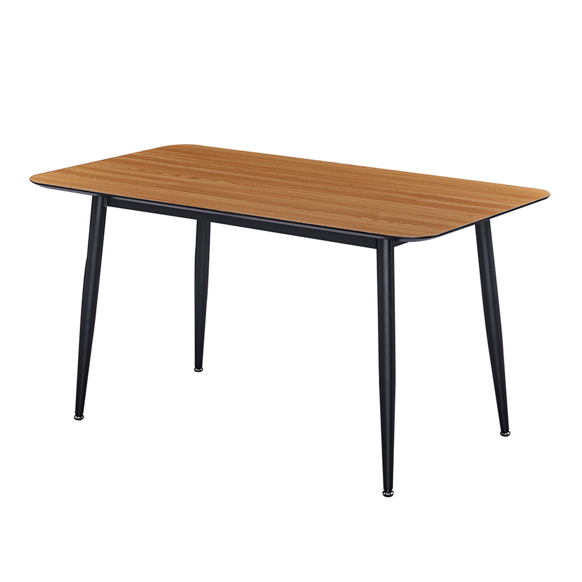 Table à manger rectangulaire avec plateau effet chêne clair et pieds fins en métal noir, au style épuré et contemporain, parfaite pour une salle à manger chaleureuse et moderne.