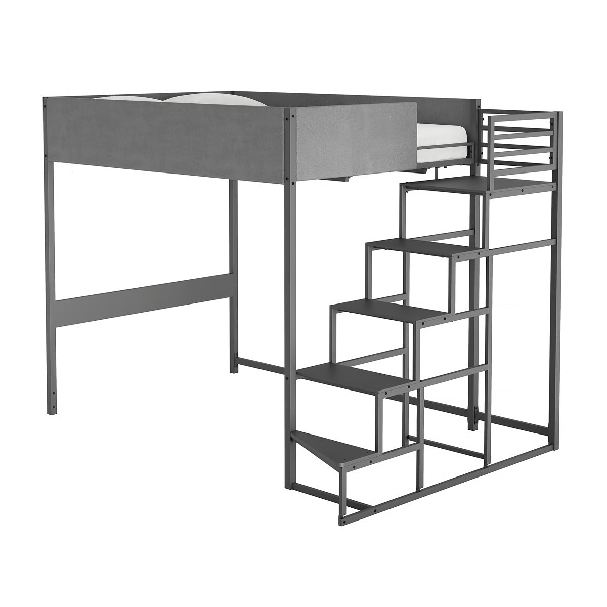 Lit mezzanine 140x190 cm en métal gris foncé avec escalier latéral réversible gauche/droite et barrières de sécurité en velours moderne, une finition unique et tendance. Parfait pour optimiser l’espace dans une chambre d’ado ou un petit appartement au style contemporain.