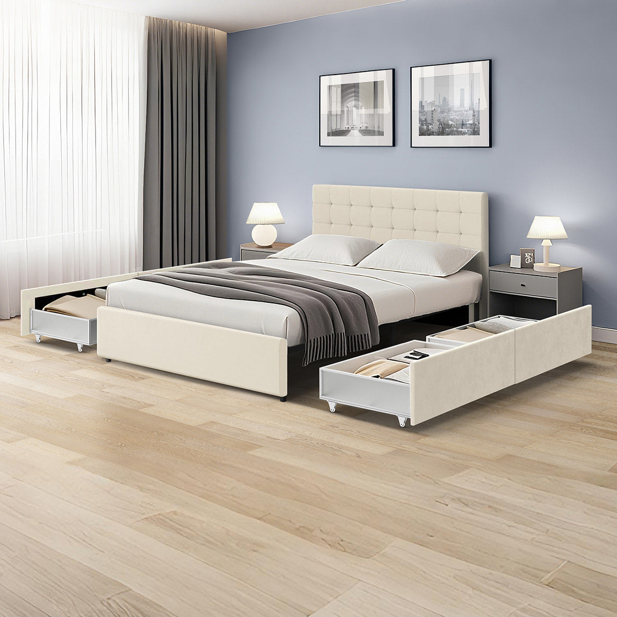 Vue ambiance du lit ELLIE 140x190 cm avec 4 tiroirs de rangements ouverts en finition velours beige