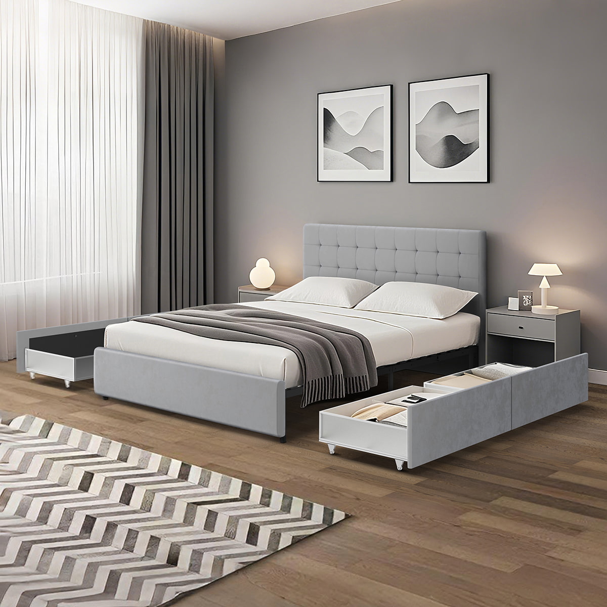 Vue d'ambiance du lit 4 tiroirs tête de lit haute 160x200 cm velours gris ELLIE