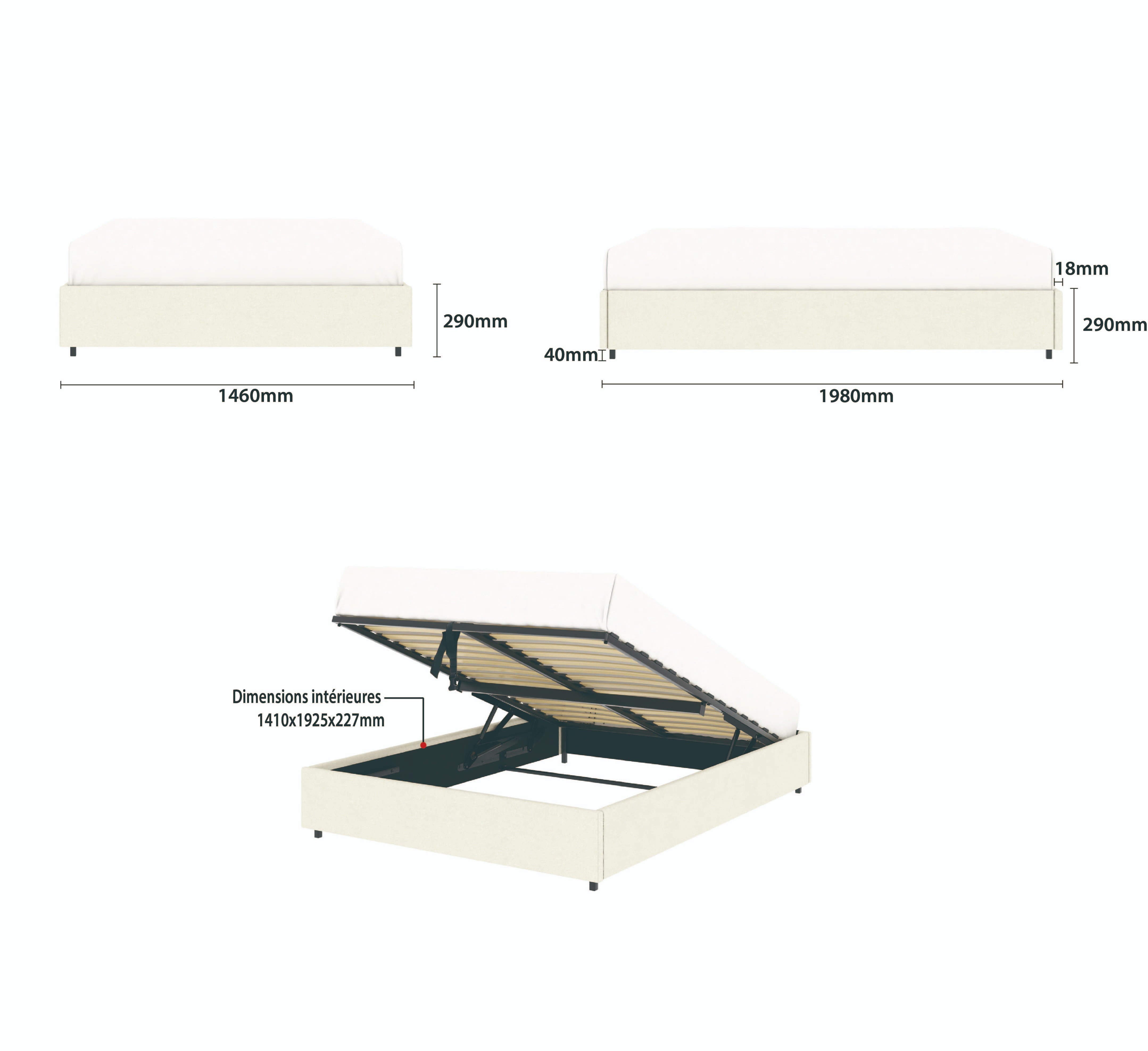 Détail des dimensions principales du lit plateforme LANCE 140x190 cm avec coffre de rangement en finition velours beige