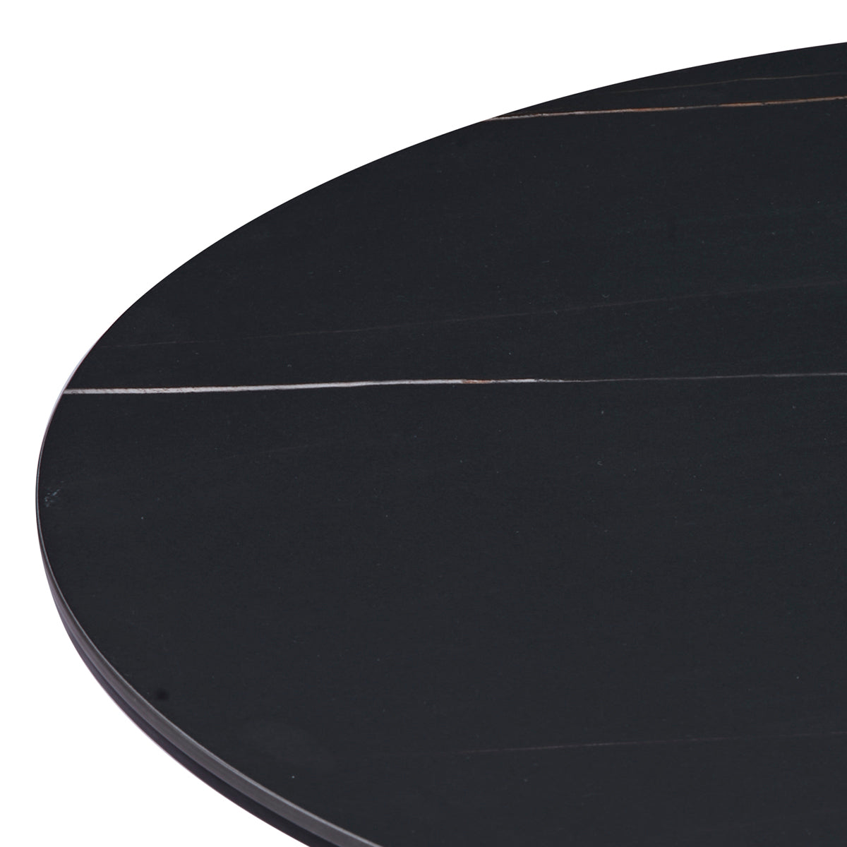 Détail du plateau couleur marbre noir en revêtement stratifié de la table basse ronde MANDY diamètre 80 cm