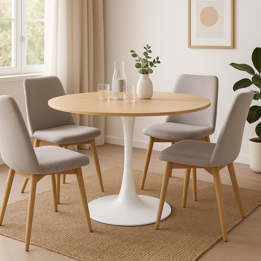 Vue d'ambiance Table ronde TULIPS en finition chene blanc