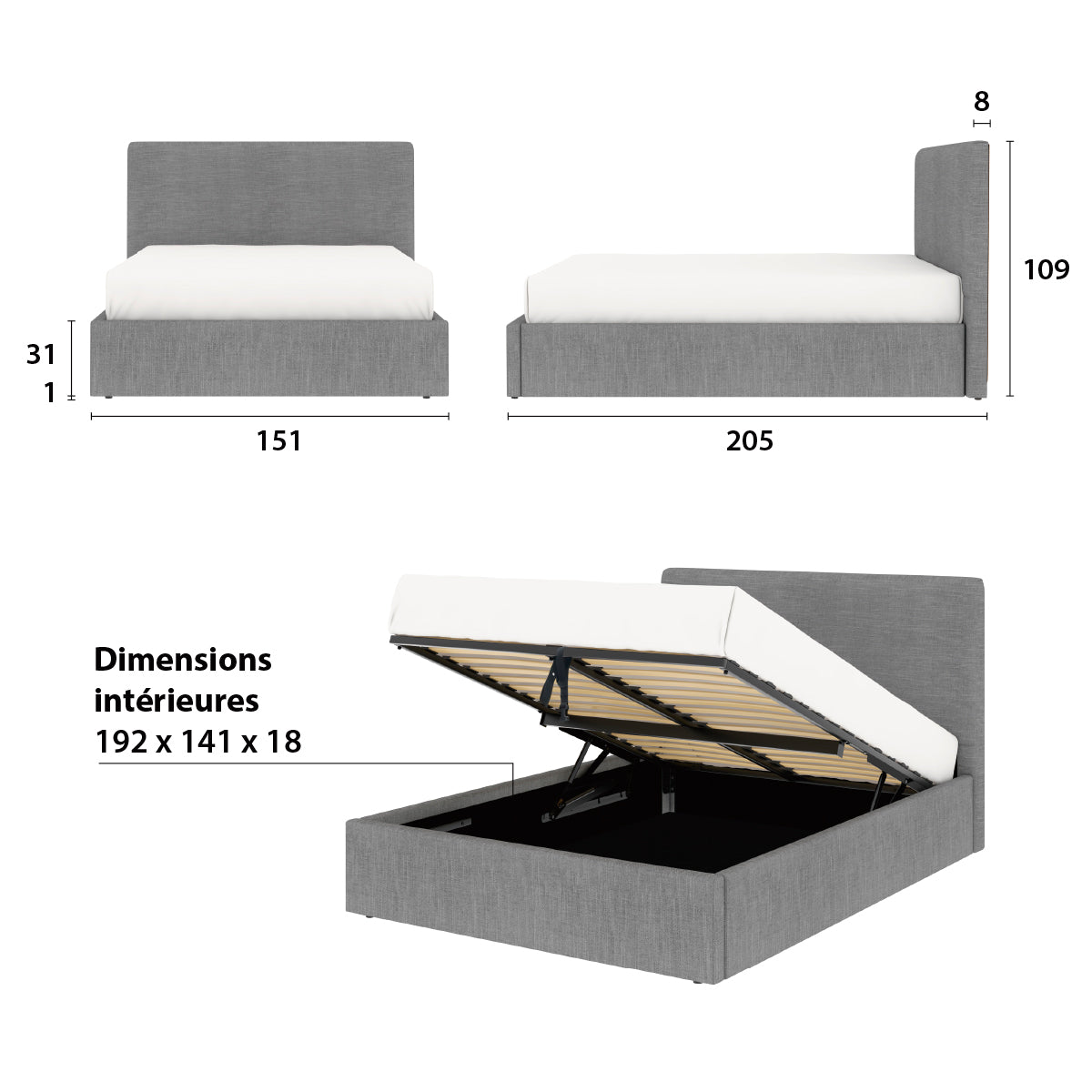 Détail des dimensions principales du lit ANDY 140x190 cm avec coffre de rangement en finition tissu gris