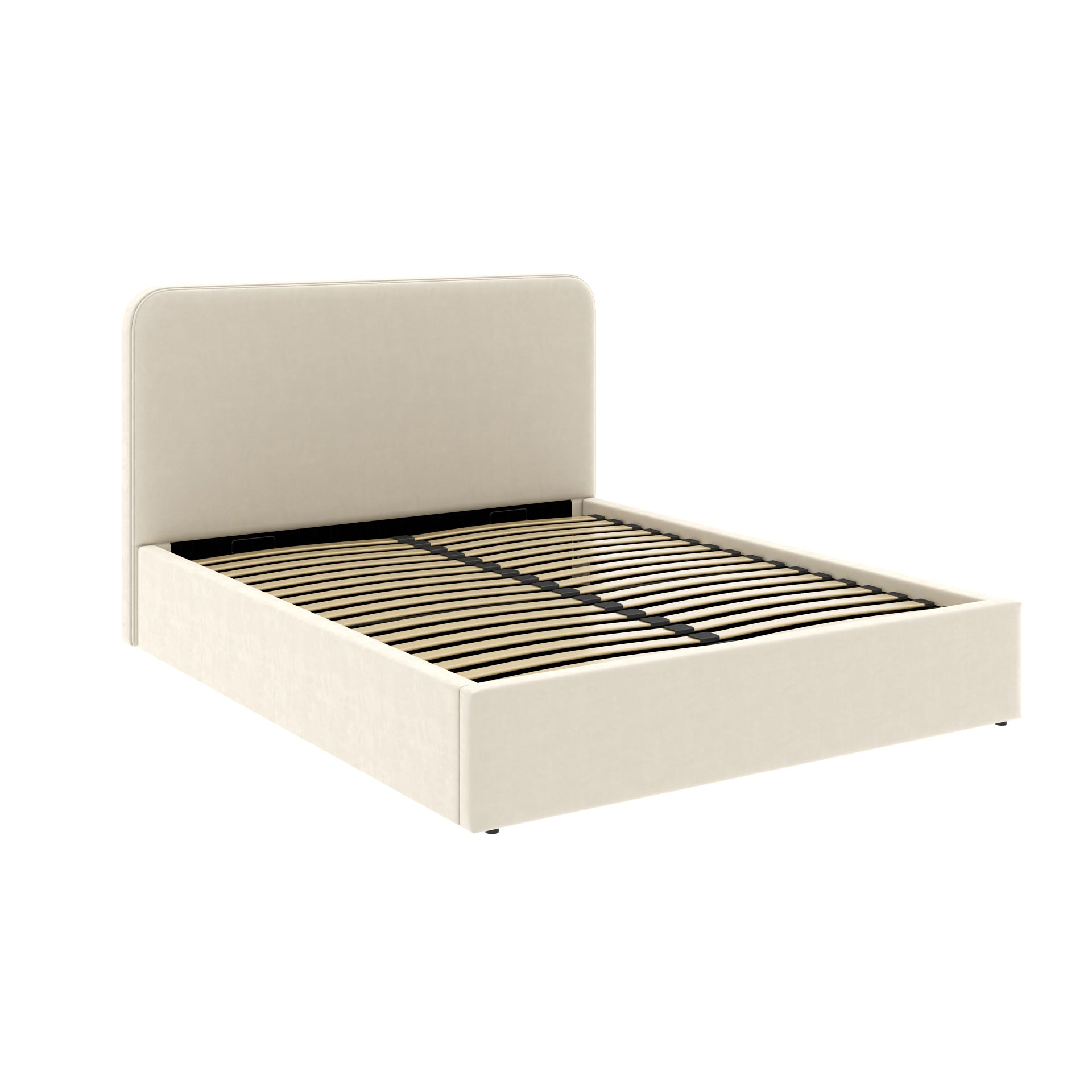 Vue 3/4 du lit coffre tête de lit haute 160x200 cm velours beige ANTON