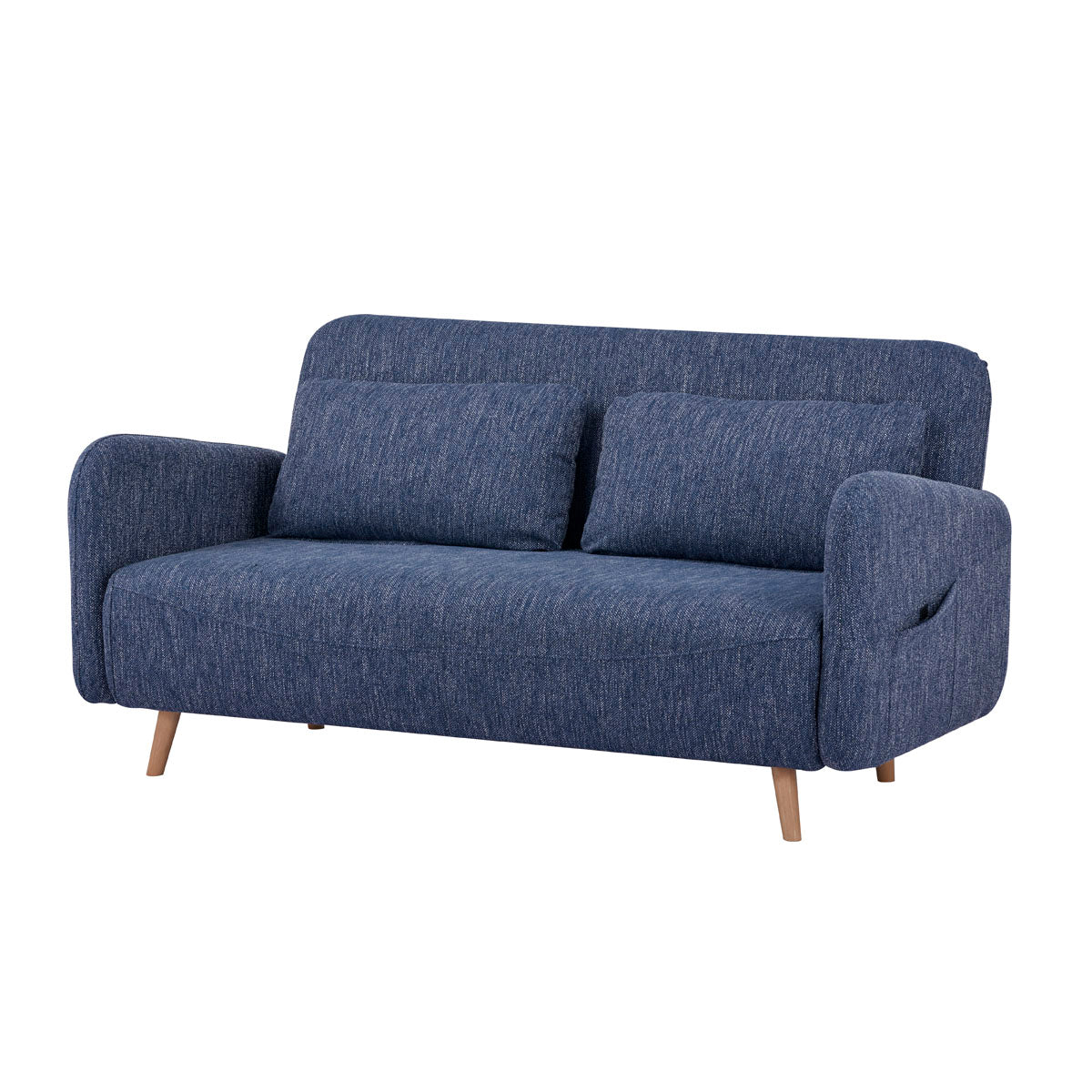 Canapé-lit BZ pour couchage occasionnel en tissu bleu chiné, avec accoudoirs arrondis, pieds en bois naturel et coussins assortis, au design scandinave pratique et confortable, idéal pour petit salon ou chambre d’amis.
