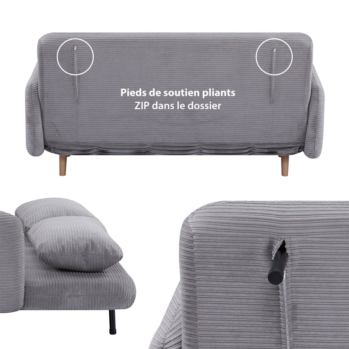 Vue de dos du canapé-lit BZ ARI en finition velours côtelé