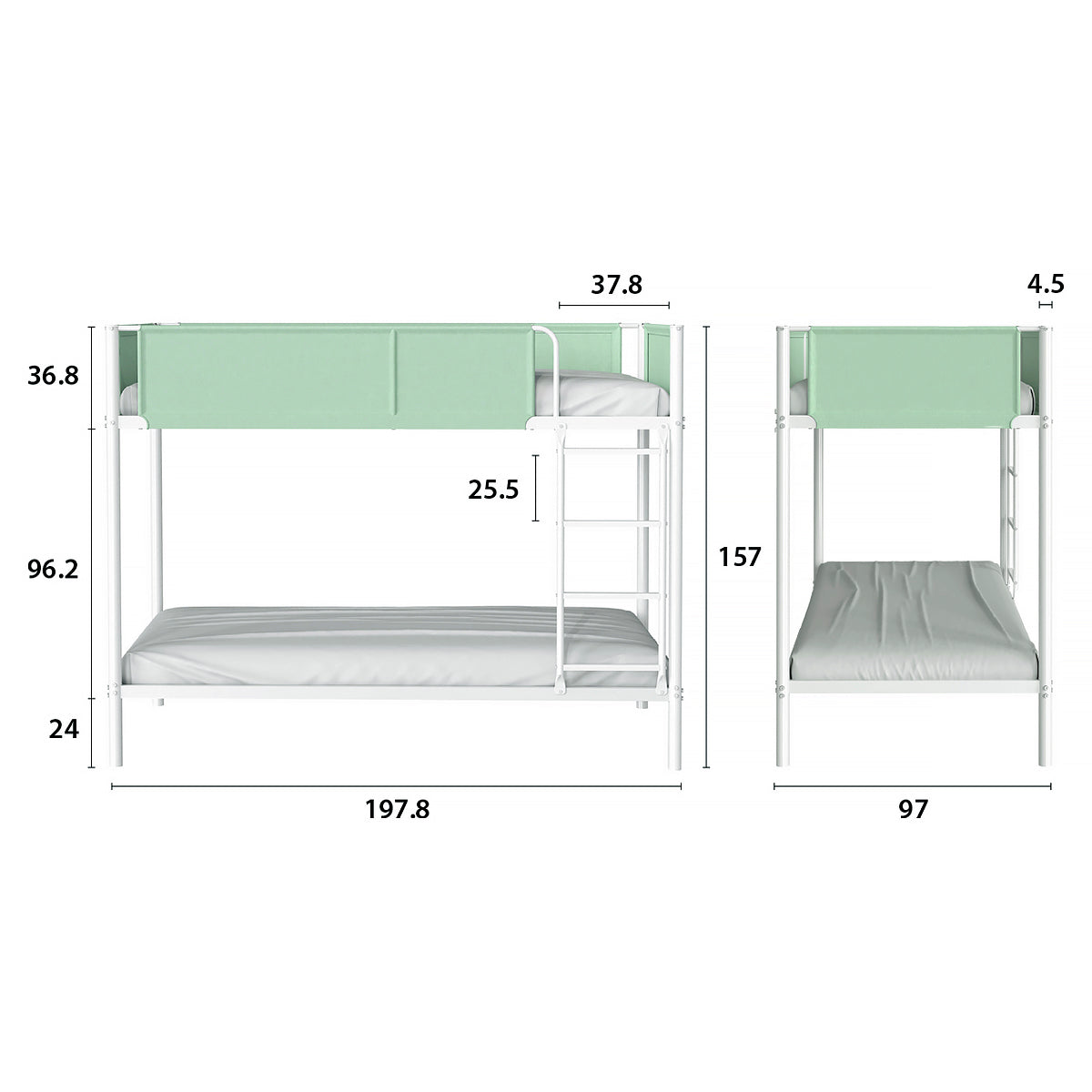 Détail des principales dimensions des lits superposés BROS 90x190 cm