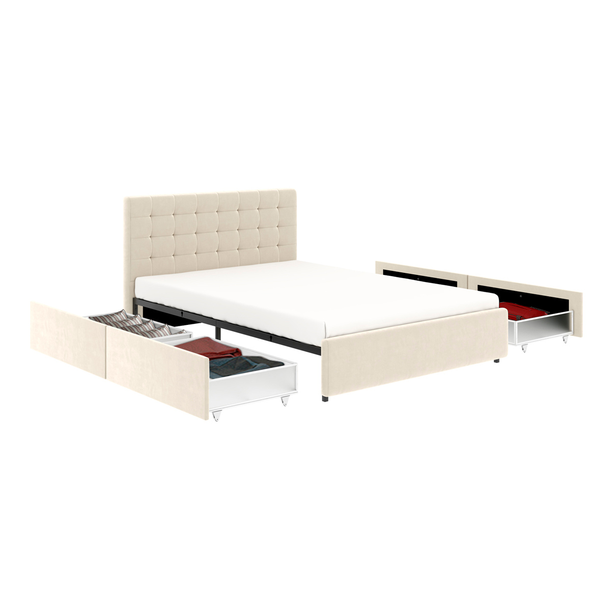 Lit 4 tiroirs tête de lit haute 140x190 cm velours beige ELLIE avec matelas (non fourni)