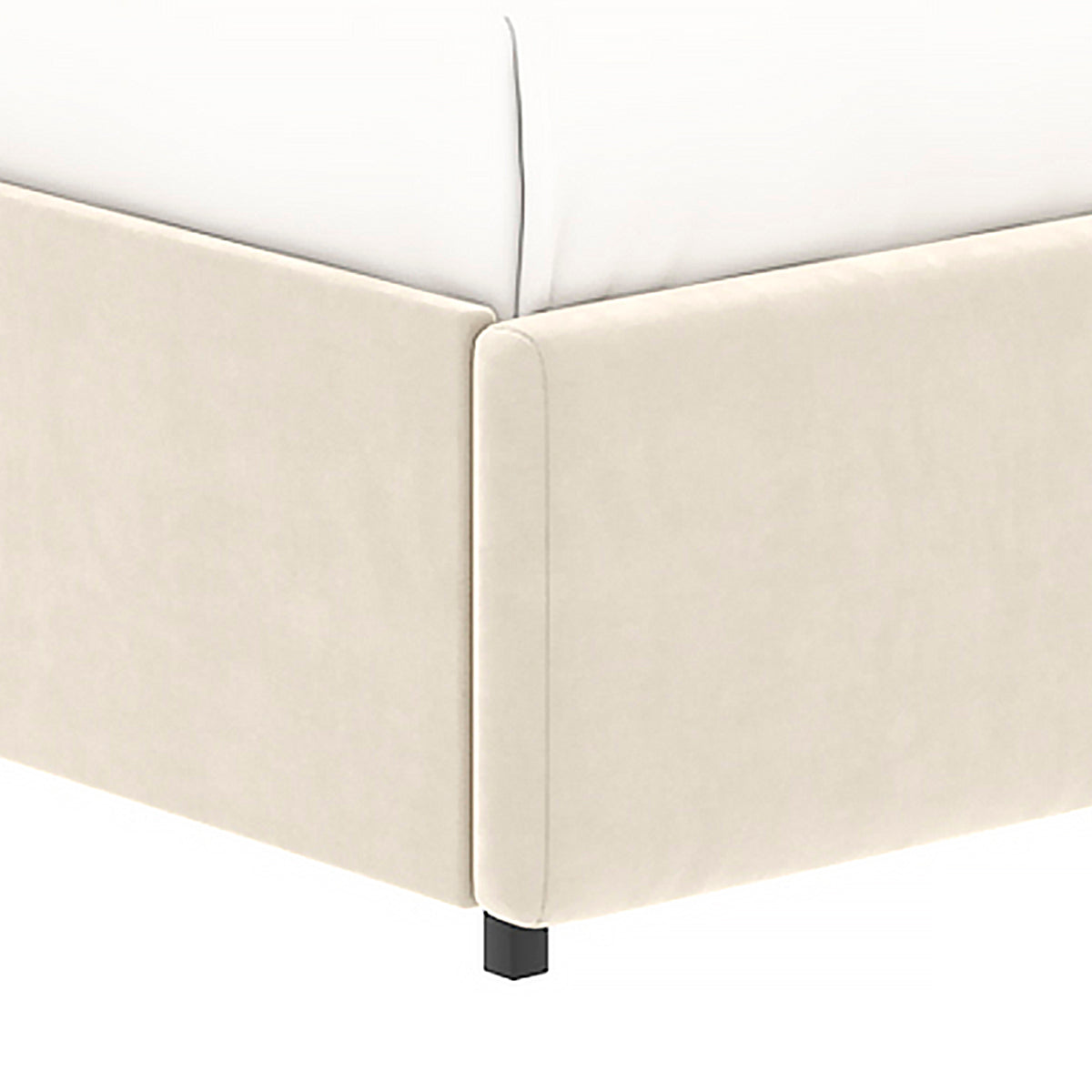 Détail du côté pied de lit du lit ELLIE 140x190 cm avec 4 tiroirs de rangements en finition velours beige