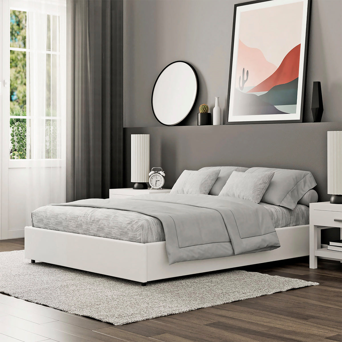 Lit coffre 140x190 cm en simili cuir blanc – lit double moderne avec rangement intégré pour chambre élégante et fonctionnelle