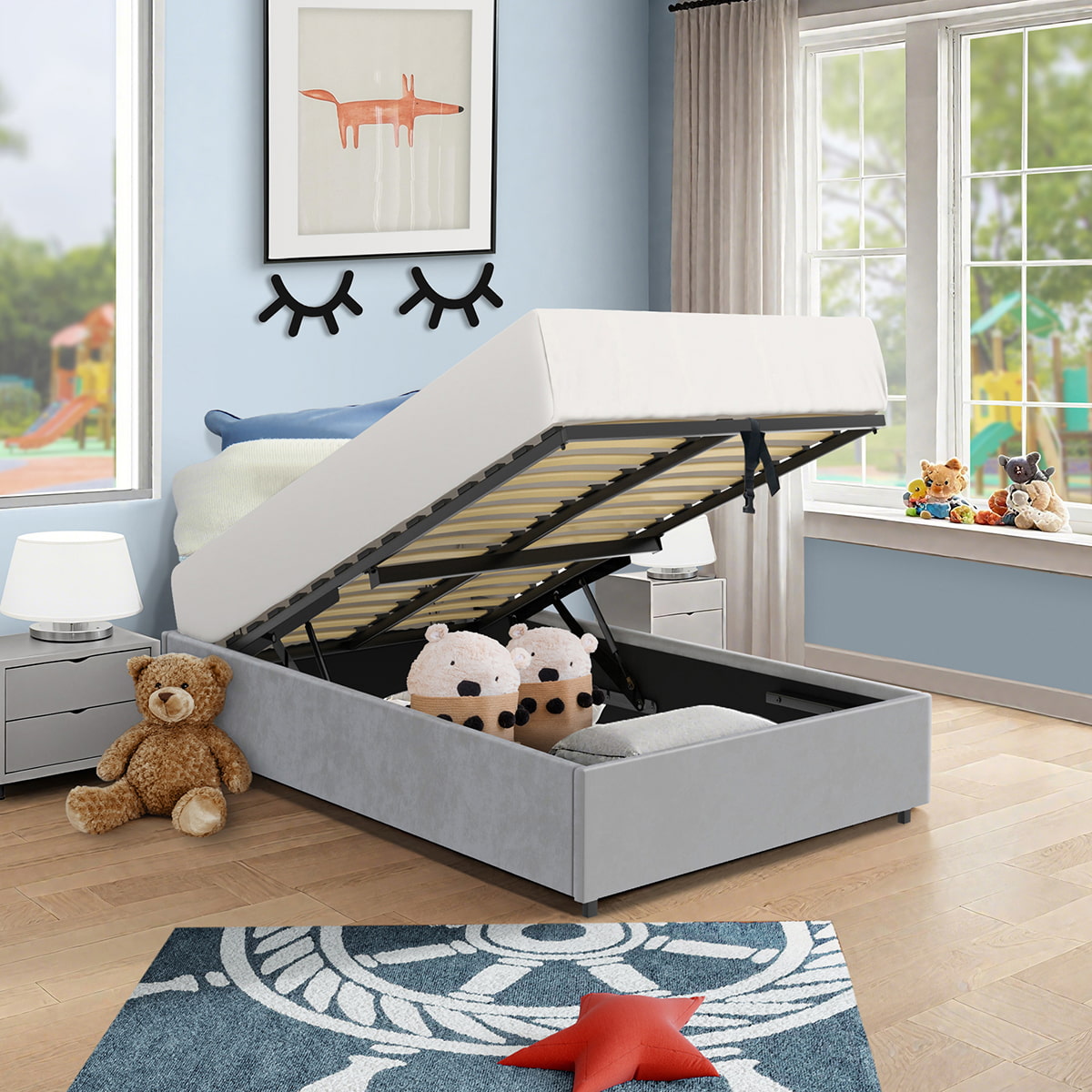 Vue d'ambiance du lit coffre plateforme 90x190 cm velours gris LANCE