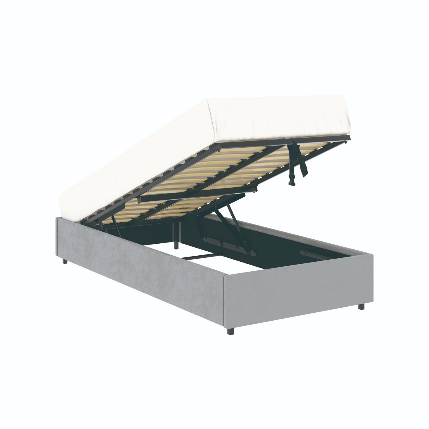 Vue d'ensemble du lit coffre plateforme 90x190 cm velours gris LANCE avec matelas (non fourni)