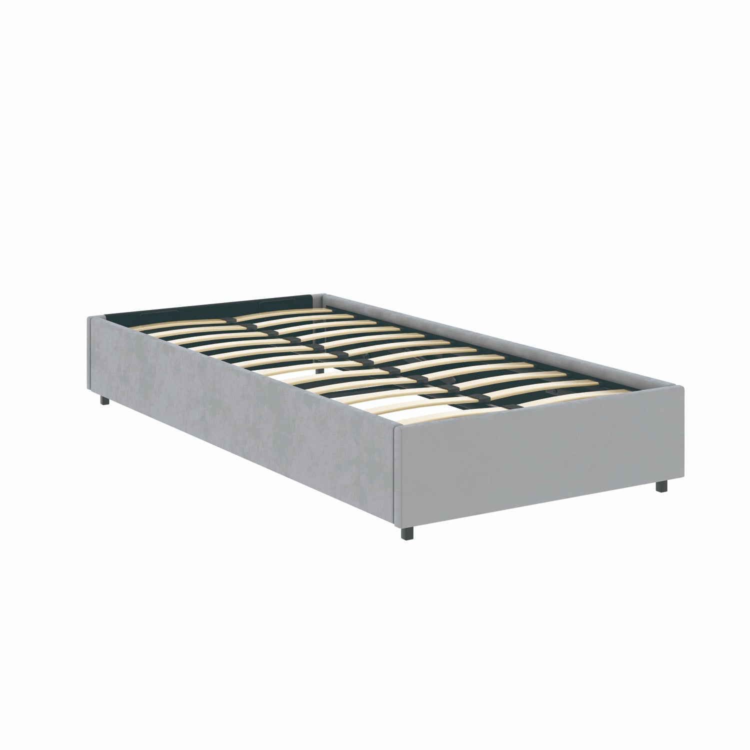 Vue de 3/4 du lit coffre plateforme 90x190 cm velours gris LANCE en position fermé