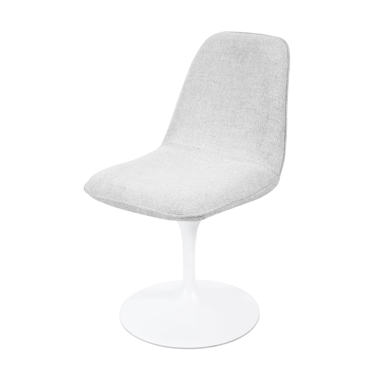 Chaise pivotante design avec pied central tulipe blanc et assise rembourrée en tissu gris clair, parfaite pour un intérieur moderne, scandinave ou épuré.