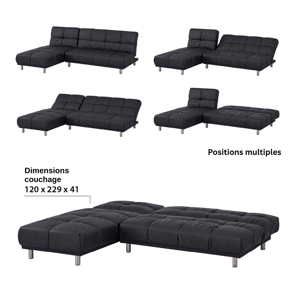 Divano letto angolare clic-clac 2 posti con meridienne reversibile destra/sinistra, letto di cortesia 120 × 229 cm, in PU nero – MELLOW