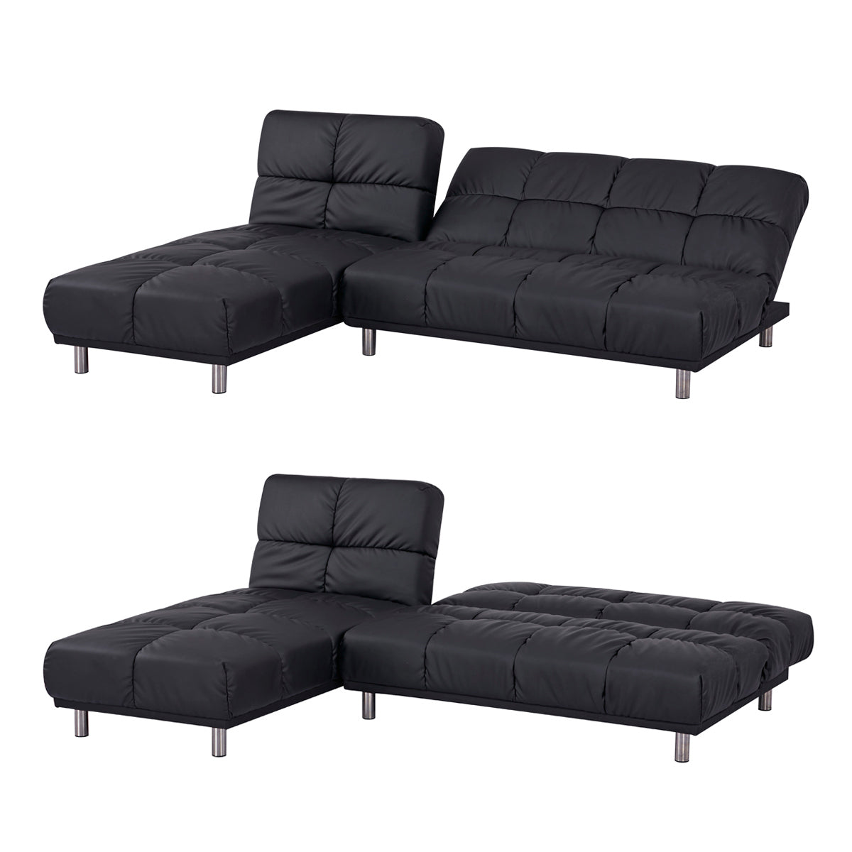 Différentes vues dépliées de fonctions relax de l’angle canapé-lit clic clac MELLOW 2 places + 1 place méridienne réversible gauche / droite en finition PU noire