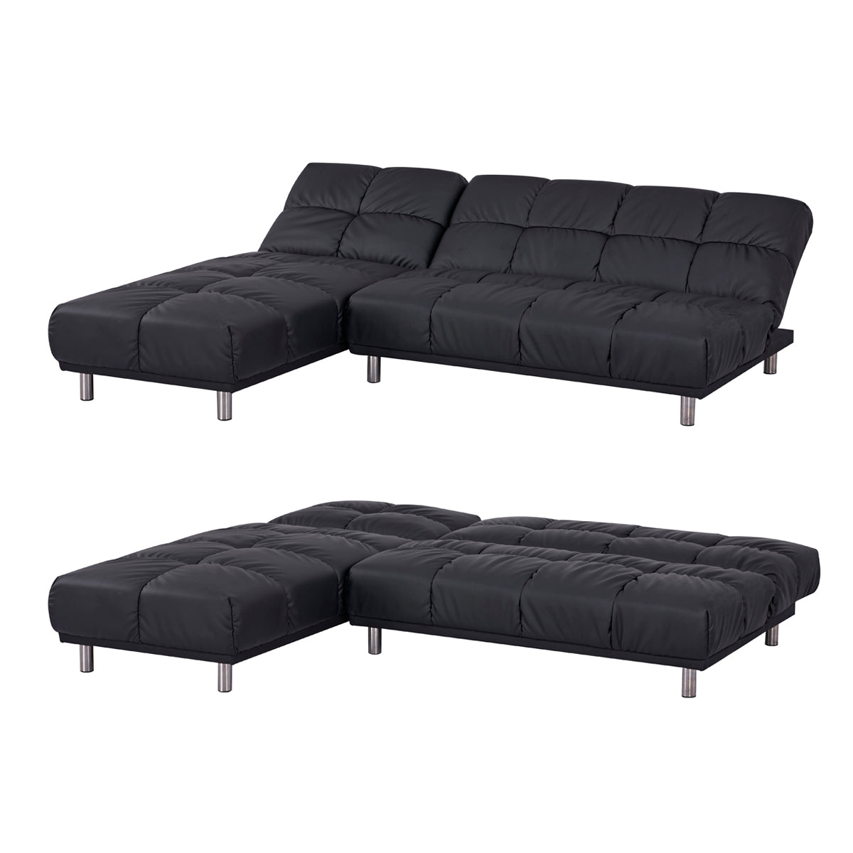 Différentes vues dépliées de fonctions couchages de l’angle canapé-lit clic clac MELLOW 2 places + 1 place méridienne réversible gauche / droite en finition PU noire