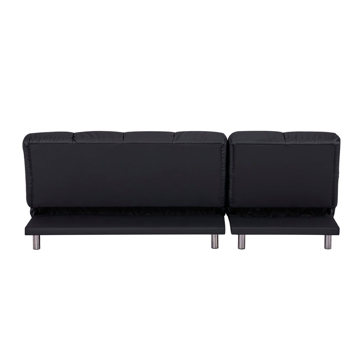 Vue de dos de l’angle canapé-lit clic clac MELLOW 2 places + 1 place méridienne réversible gauche / droite en finition PU noire 