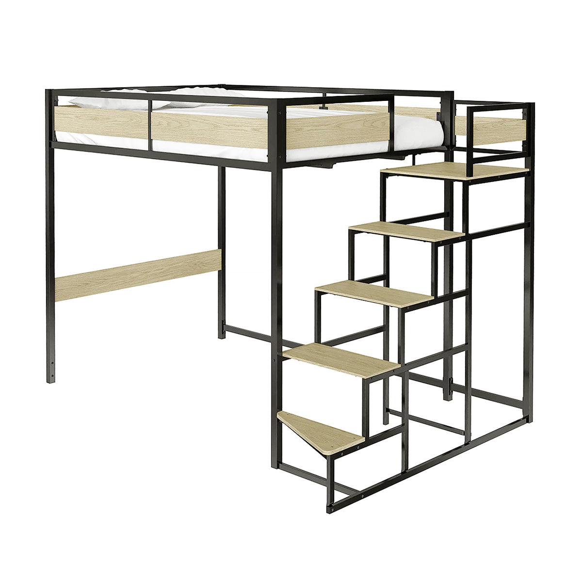 Lit mezzanine MONTANA 140x190 cm en métal noir avec finitions chêne clair. Escalier sécurisé réversible gauche/droite, marches larges. Barrières de sécurité modernes en bois mélaminé. Idéal pour maximiser l’espace dans une chambre ado ou studio. Design industriel chic, robuste et fonctionnel.