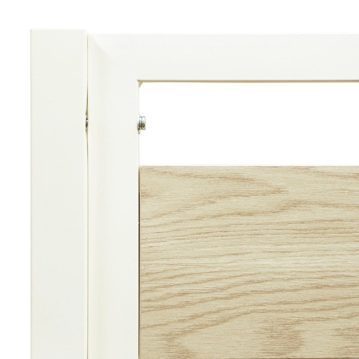 Détail des barrières de protection en métal blanc finition mélamine chêne du lit mezzanine MONTANA avec escalier réversible 140x190 cm
