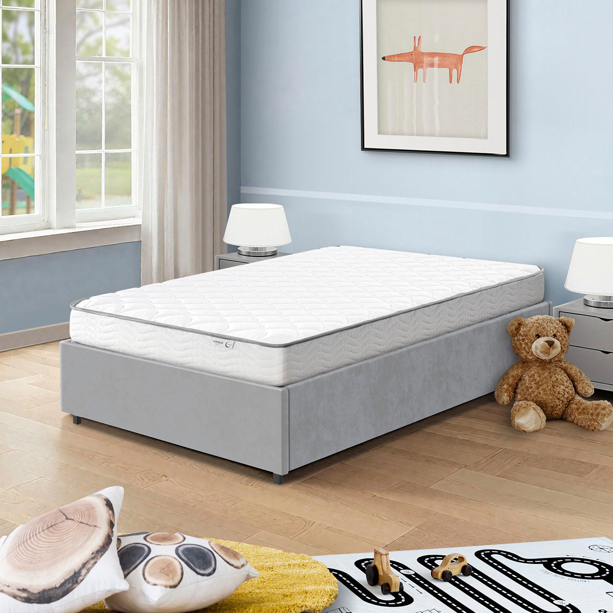Vue d'ambiance matelas 15cm SENHO NIMBUS 90x190cm sur lit coffre LANCE 90x190cm