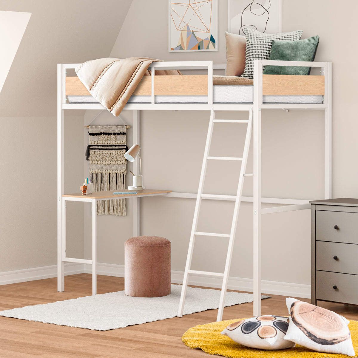 Vue d'ambiance matelas 15cm SENHO NIMBUS 90x190cm sur lit mezzanine DINO 90x190cm