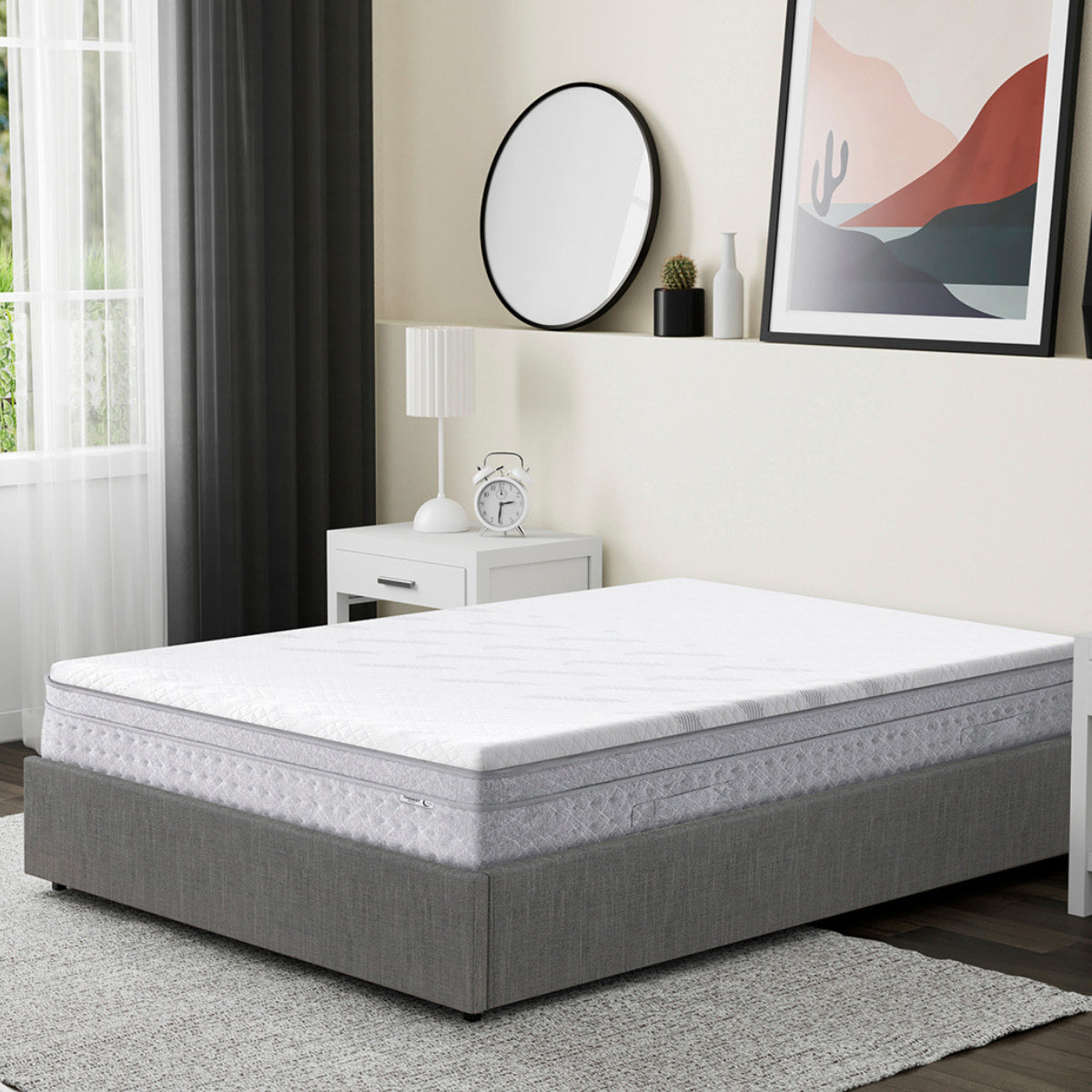 Vue d'ambiance surmatelas 5,3cm SENHO PLUME 160x200cm et matelas THENEST 160x200cm sur lit coffre LANCE 160x200cm