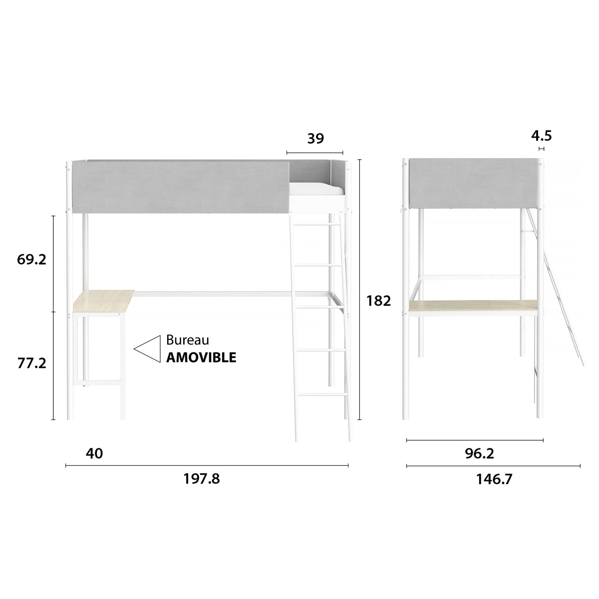 Détail des principales dimensions du lit mezzanine ROZE avec bureau 90x190 cm en métal blanc et finition tissu gris