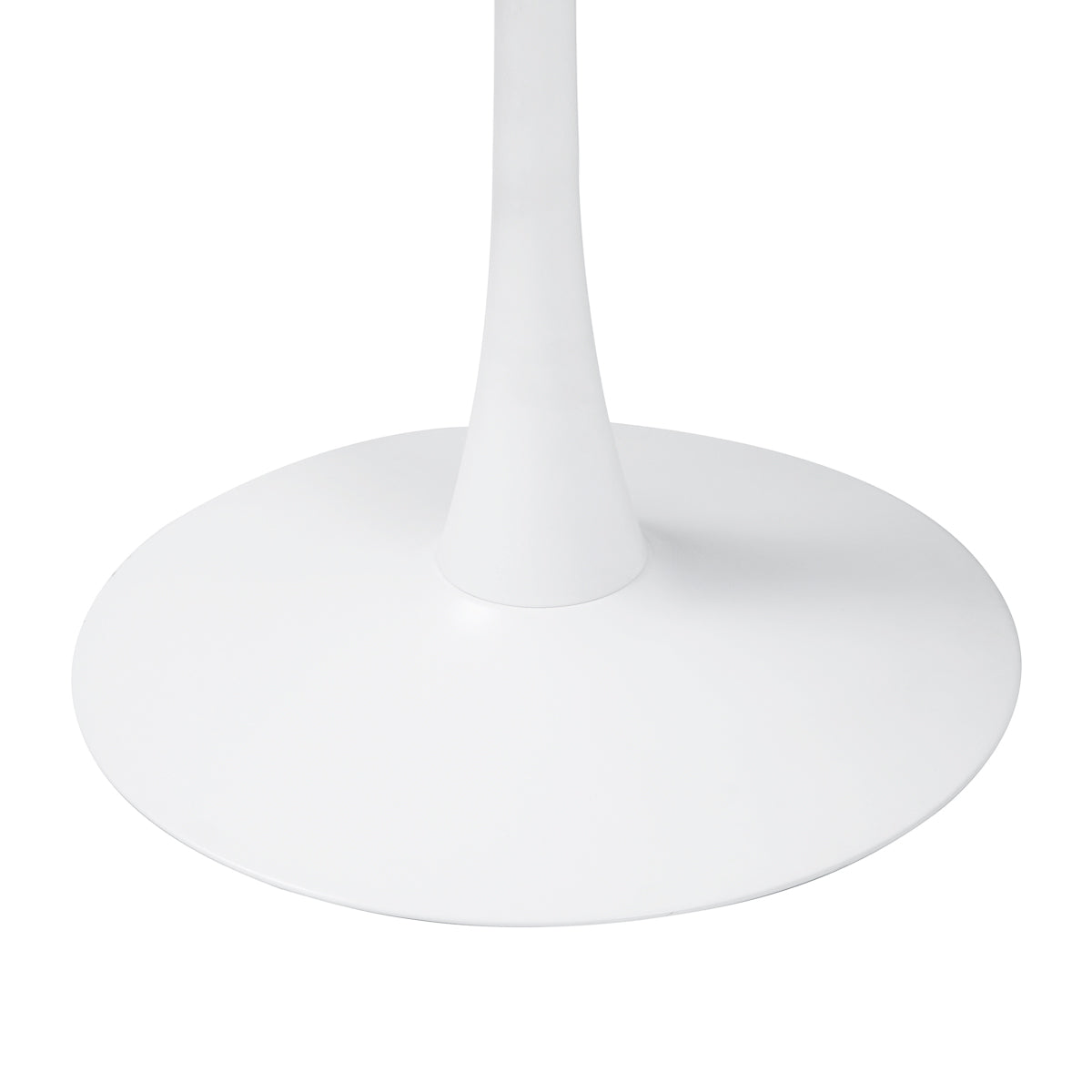 Détail du pied rond central en métal blanc de la table TULIPS